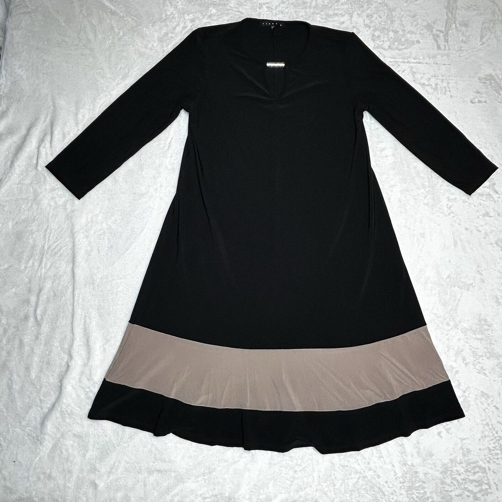 Tiana B Sz 8 Black‎ Midi Length 3/4 Sleeve Dress A Line Shift Dress Keyhole Neck